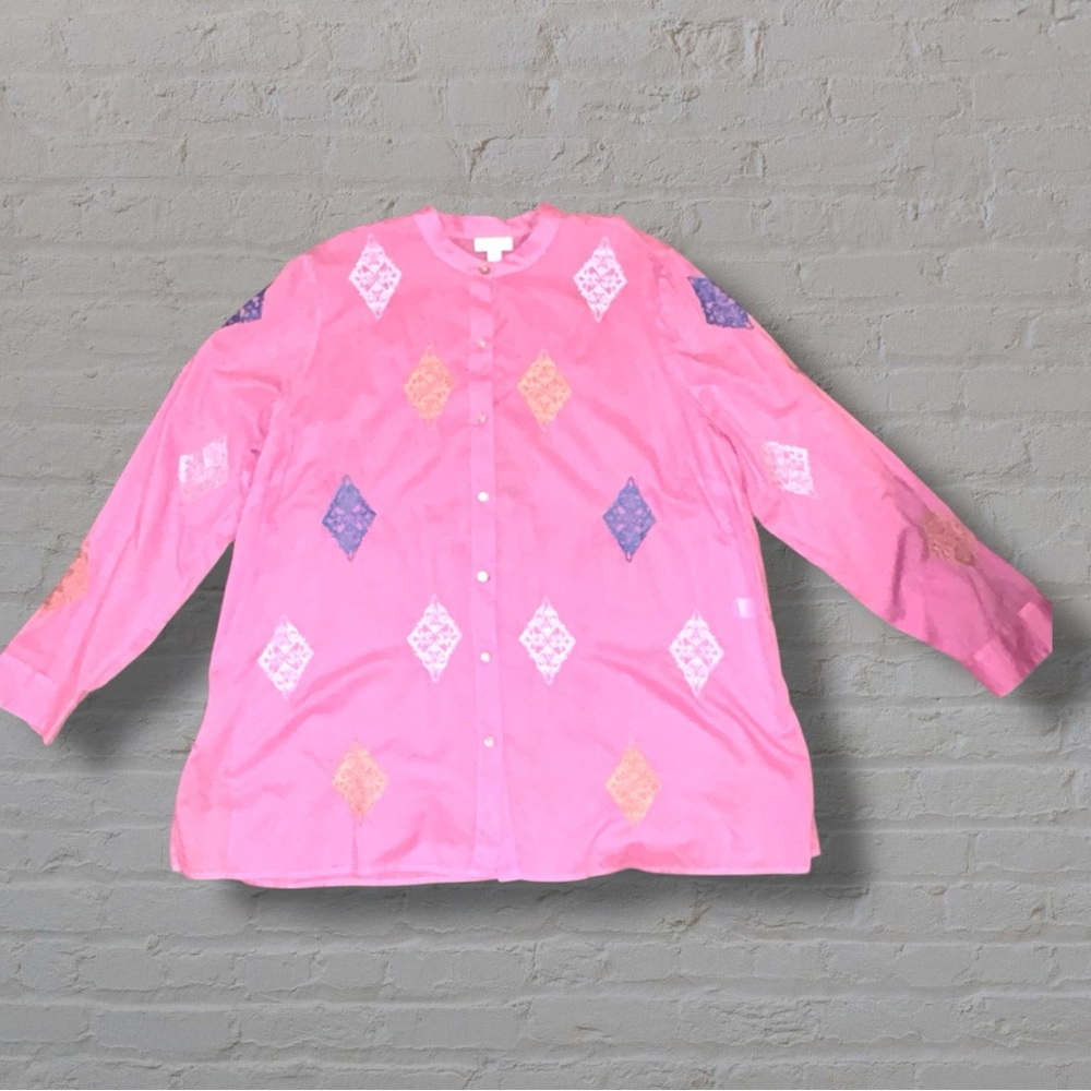 SALE J. Jill Pink Embroidered Tunic ✨ Button Front Boho Diamond Detail Size L - Picture 4 of 9